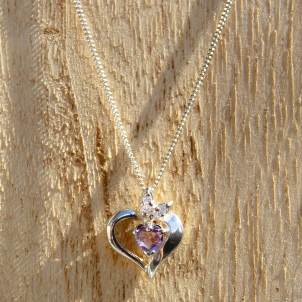 925 Sterling Silver Amethyst CZ Heart Birthstone Pendant Necklace Signed CPA